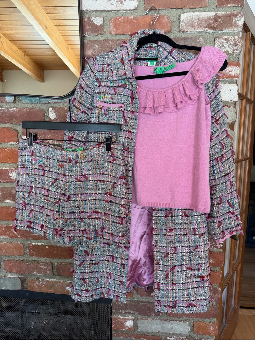 Tibi 3 Piece Set Tweed Detail Coat, Skirt, Sweater Top